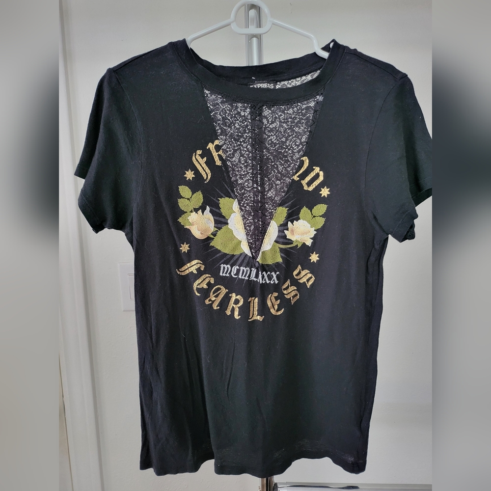 Express Black and Gold Floral Graphic Tee